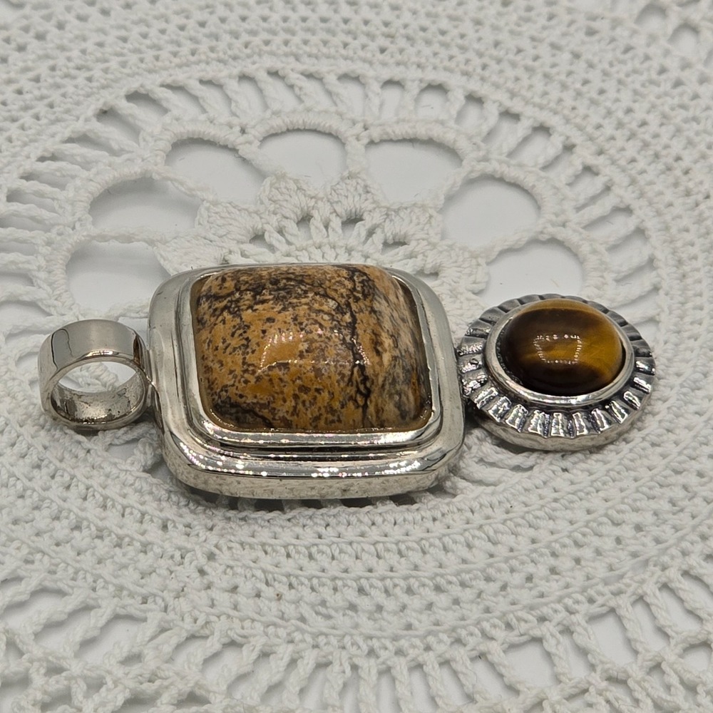 Vintage ROMAN Stone and Tigers Eye Silver Tone Pendant Brown - Picture 3 of 10